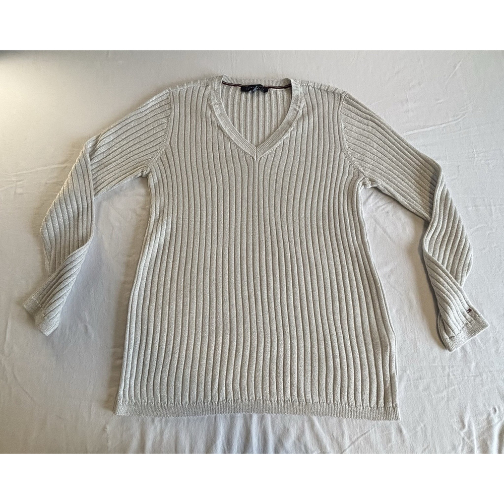 Tommy Hilfiger Ribbed V-Neck Sweater Metallic Thread Knit Top‎ Women’s XL